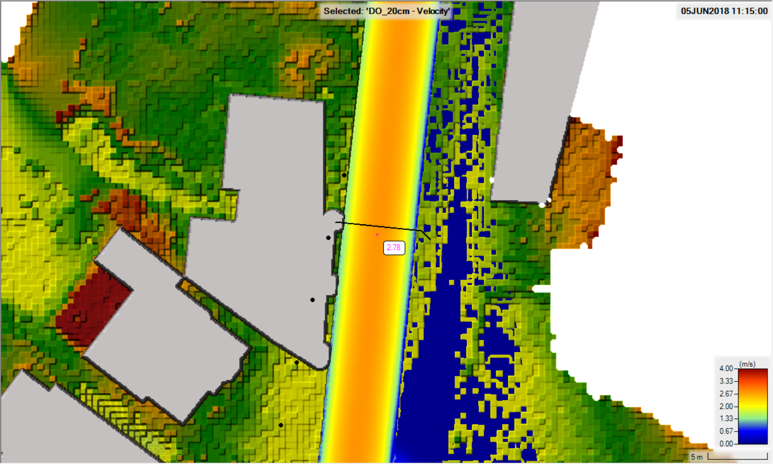 Stroomsnelheden DO onder T=100-afvoer.
