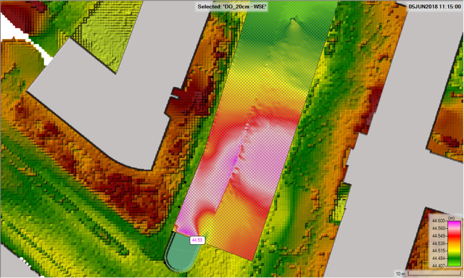 Evenwichtswaterstand net benedenstrooms van Engelenkamp onder T=100-afvoer.